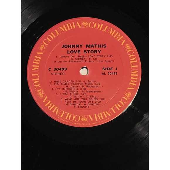Johnny Mathis Love Story vinyl record C 30499 LP Columbia Records - Picture 4 of 8
